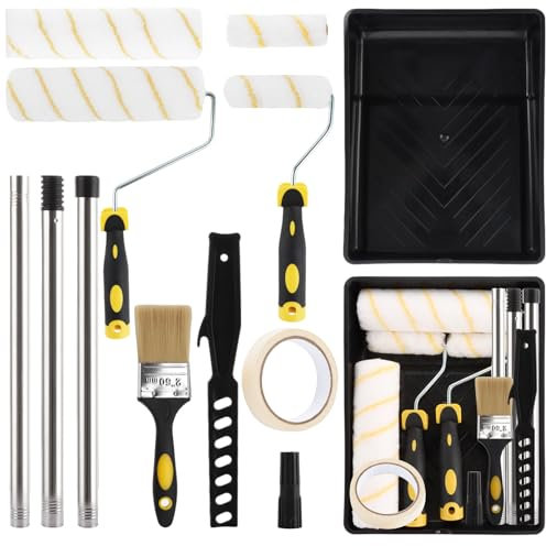 MUXHEL 14PCS Paint Roller Set, 4+9 inch Paint Roller Sets for Painting, Paint Rollers and Trays Sets with Extension Pole, Paint Mixer, 4 Roller Sleeve, Masking Tape & Paint Brush for Painting Walls