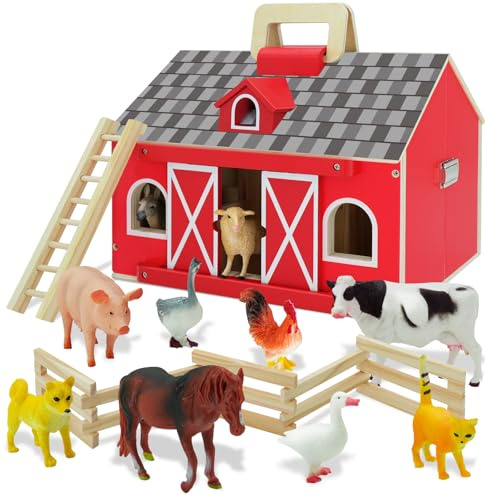 SIMPLIPLAY Farm Animal Toys with Portable Large Wooden Barn for Kids 3+ Years Old, 10 PCS Farm Animal Figurines for Boys, Girls, Animal Lovers, Gift for Kids Toddlers, Improve Fine Motor Skills