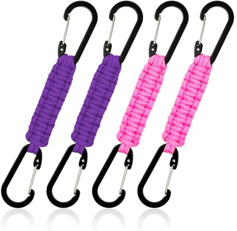 Aeaocvo 4 Stück Karabiner Schlüsselanhänger, Paracord Schlüsselanhänger Rosa Lila mit Geflochtenes Lanyard, Schlüsselband Kurz Karabiner für Camping, Wandern, Auto