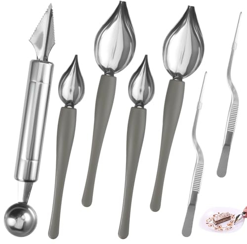 4 Stück Edelstahl DekorlöFfel, 2 Stück Pinzetten Und Obstschnitzwerkzeuge, Leicht zu Reinigen Rost Und Korrosionsbeständig Wiederverwendbar Dekorationslöffel Set Werkzeuge DIY Werkzeuge Sauce
