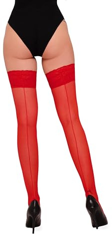 Annes Styling Thigh High Stockings with Back Seam – Sheer Nylon 20 Den Lace Top Stay Up with Silicone Grip, Made in Italy, Vintage Sexy Hosiery for Dresses & Skirts, Red, Size M/L