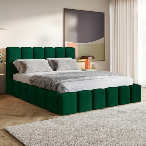 MOTIVENA Nunu Bubble Bett 140x200 Grün Samt, mit Stauraum, mit Kopfteil, mit Lattenrost, ohne Füße, ohne Matratze, Bubble Polsterbett 140x200 mit Bettkasten Grün (Dunkelgrün)