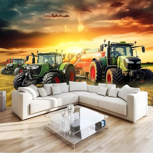Panoramatapet lantligt vetefält traktor väggtapet för vardagsrum 250 x 175 cm, modern väggdekoration, dekoration, sovrum, vardagsrum, unik och modern design, guld