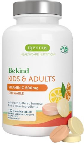 Igennus Vitamina C Avanzada Masticable Sin Azúcar 500mg, 120 Dosis, Niños y Adultos, Pura y Suave, Fórmula Tamponada de Alta Absorción, Vegana, Sabor a Naranja y Limón