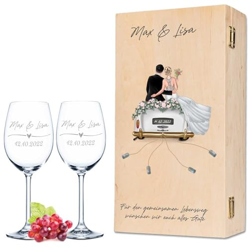 GRAVURZEILE Leonardo Weingläser mit Gravur - Hochzeitsauto & Wedding Love | Daily inkl. Holzkiste, Personalisiertes Hochzeitsgeschenk, Für Brautpaar, Geschenk zur Hochzeit, Verlobung oder Jahrestag