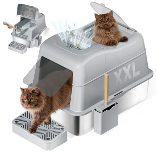 Lettiera per gatti in acciaio inox, Lettiera Gatto Chiusa XXL, 110° flip-cover design Lettiera Gatto Grande, 60*42*44 cm lettiera in acciaio con coperchio, 38L capacità, prova perdite e facile pulire