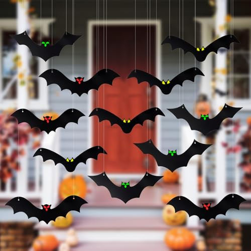12 Pezzi Pipistrelli Halloween da Appendere, Plastica Pipistrello Halloween con Occhi Luminosi per Decorazioni Halloween Veranda Giardino Forniture Feste all'aperto