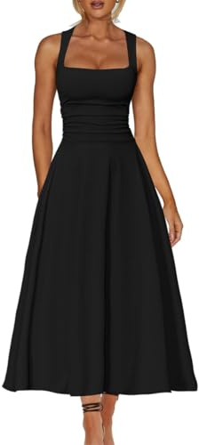 AOWVUTS Abito Elegante Cerimonia Lungo Donna Sexy Vestito Senza Maniche Scollo Quadrato Maxi Abiti Aderente da Cocktail Linea A Swing Abito Solido Pieghe in Vita per Festa Discoteca Club Sera