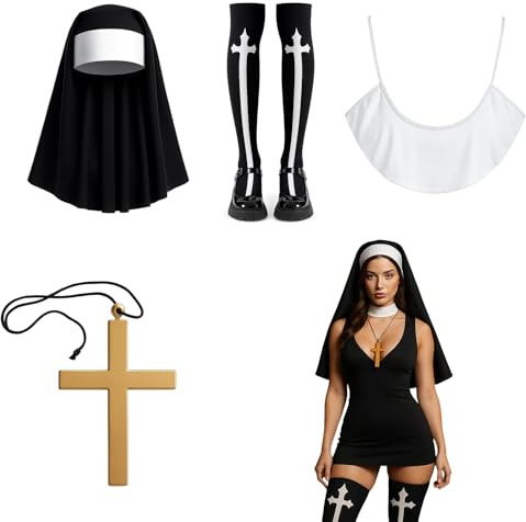 HcvGcm Nonnenkostüm Damen, Sexy Nonnen Kostüm Frauen, Karneval Nonnen Kostüm 4-teilig mit Kopfbedeckung, Halskette, Socken, Perfektes Outfit für Faschingskostüme Damen, Cosplay