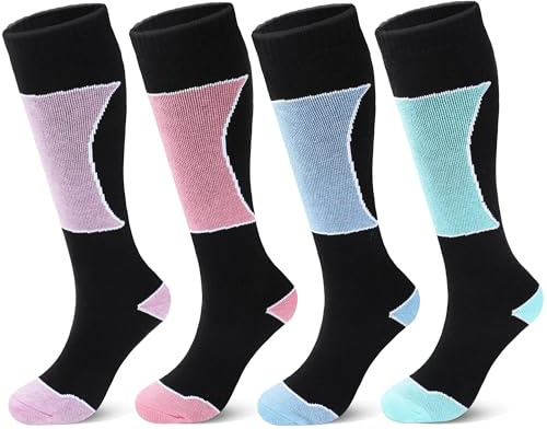 Geyoga 4 Pairs Merino Wool Ski Socks Women Men Wool Winter Thermal Thick Ski Sock Gifts for Snowboarding Gear Hiking(Black Base with Macaron Colors,M)