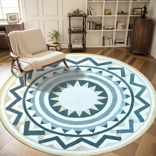 Zhaotingrui Rund Teppiche Wohnzimmer 80cm, Boho Muster Flauschiger Bettvorleger, Weich rutschfest Teppich Kuschelig für Wohnzimmer, Schlafzimmer, Kamin, Beige & Grauer