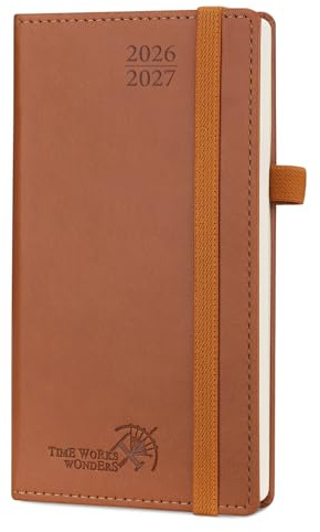 POPRUN Taschenkalender 2026 2027 Klein 16,5 x 9 cm (Aug.2026-Dez.2027) - Kalender 2026 2027 Klein mit PU-Leder - Terminplaner, Planer 1 Woche 2 Seite mit Stiftschlaufe (Braun)