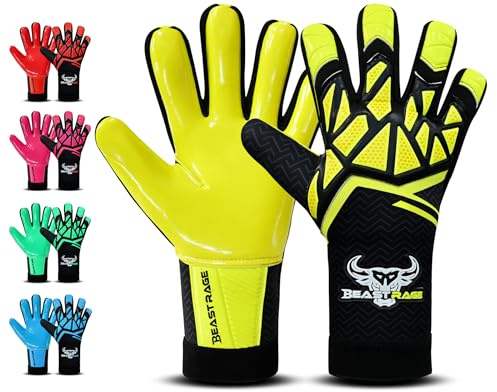 BEAST RAGE Guantes de portero para niños, jóvenes y adultos, guantes de portero de fútbol para niños, guantes de entrenamiento de fútbol, agarre fuerte y palmas antideslizantes (amarillo, talla 9