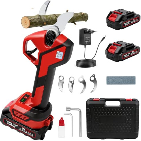 Tijeras de Podar Electricas de 40mm, Podadora de jardín con 2 baterías 21V 1500mAh y cuchillas de repuesto, 600W motor sin escobillas, Tijeras de Podar Bateria para jardinería, árboles frutales