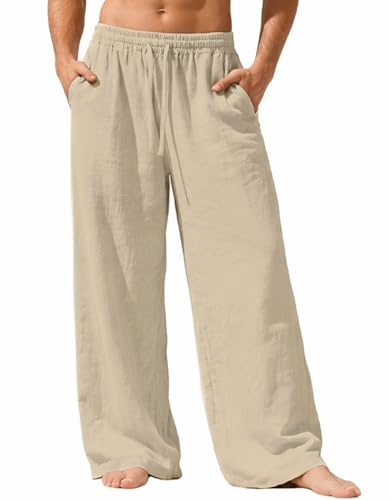 Nuofengkudu Lin Coton Pantalon Homme Ample Coupe Jambe Large 3 Poches Taille Élastique avec Cordon Léger Confortable Pantalon Été Plage Détente Vacances Loisirs Yoga Casual Kaki Clair XL