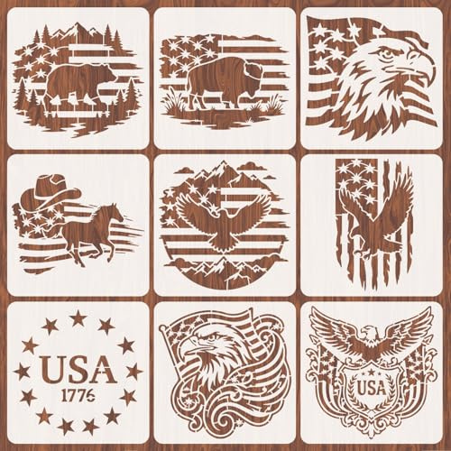 INFUNLY 9 Stück Amerikanische Flagge Wandschablonen Zum Malen 11,8 x 11,8 Zoll Wiederverwendbare Wandschablonen Tier Adler Malvorlage Flaggen Union Stern Wände Vorlage Für Schlafzimmer Heimdekoration