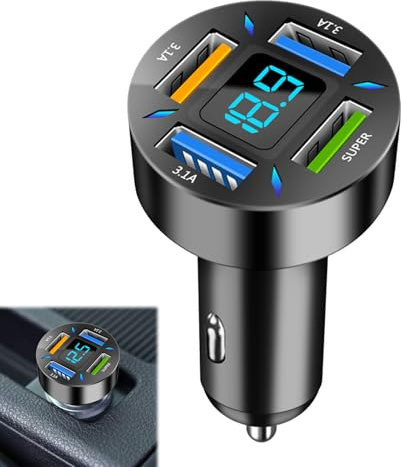 argtnayk USB Zigarettenanzünder Adapter, 66W Schnellladung mit Digitalanzeige, 4-Port KFZ USB Ladeadapter für Reisen und Berufspendler, Leistungsstarker Autoladegerät mit Mehrfachgeräte-Unterstützung