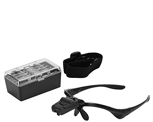 Stirnband-Lupe mit LED – 5 Linsen, Lupenbrille freihändig | 5 Vergrößerungen (1X–3,5X), 2 LEDs, leichter Kopfbügel, abnehmbares Stirnband, für Juweliere, Uhrmacher, Bastler