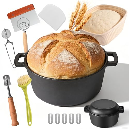 DoeDoefong Pentola in ghisa con cestino per fermentazione, 26 cm, 4,7 l, set per il pane per principianti, con stampo e accessori, pentola in ghisa per pane con coperchio, forno olandese per pane