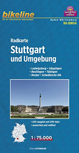 Bikeline Radkarte Stuttgart und Umgebung, Ludwigsburg, Göppingen, Reutlingen, Tübingen, Neckar, Schwäbische Alb, 1 : 75 000, wasserfest und reißfest, GPS-tauglich mit UTM-Netz
