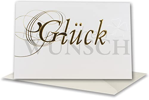 Glückwunschkarte 20 Set mit Umschlägen Naturweiß - Motiv Kleeblatt mit Schrift Blindprägung & goldene Folienprägung- Klapp-Karte DIN B6 17,0 x 11,5 cm - Grußkarte Geburtstag Hochzeit Geburt