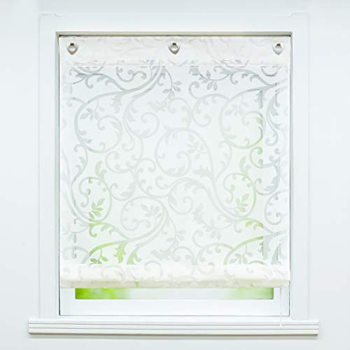Joyswahl Voile Ösenrollo Transparenter Raffrollo Ausbrenner Raffgardinen »Jessica« Schals Fenster Gardine mit Hakenaufhängung, Raffrollo ohne Bohren BxH 60x140cm Weiß 1 Stück