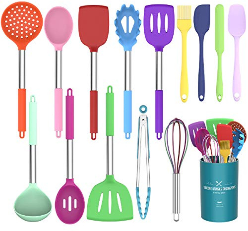 Umite Chef Küchenutensilien-Set, 15-teilig, Silikon, hitzebeständig, antihaftbeschichtet, BPA-frei, Edelstahl-Griff, Pfannenwender, Löffel, Zange, Schneebesen, Kochgeschirr