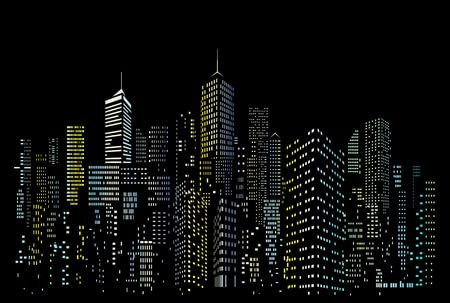 adrium Holz-Bild 120 x 80 cm: Moderne Stadtsilhouette, Stadtsilhouette mit blauen und gelben Fenstern, Vektorillustration im flachen Design (109765392)