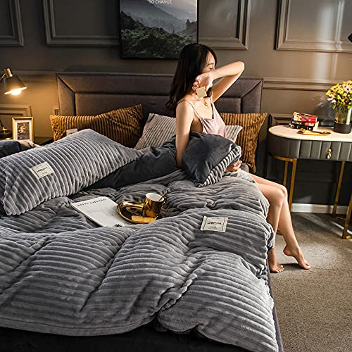 Draps et taies d'oreillers,Ensemble de literie en molleton magique blanc flanelle velours rayé housse de couette contraste drap plat taie d'oreiller hiver chaud AB linge de lit-gris violet_drap plat_