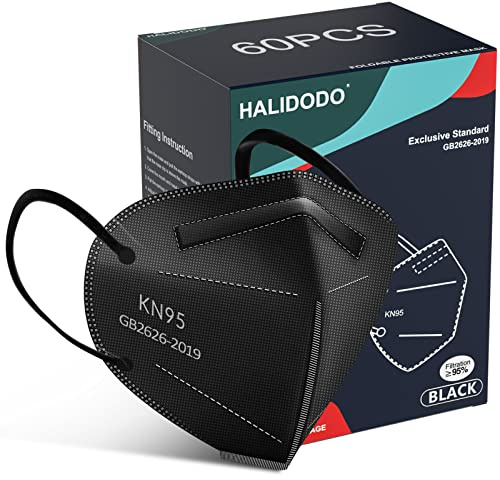 HALIDODO Individually Wrapped, 60 Packs KN95 Face Mask, 5-Ply Breathable Comfortable Safety Mask with Over 95% Filtering(Black)