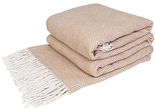 LYHome Plaid Coton - Couverture pour Canape Lit Fauteuil, Couvertures 1 et 2 Personnes, Jete Grande Taille, Couvre Doux D’été Exterieur et Intérieur (140 x 200 cm | Beige avec Blanc Carrés Rayures)