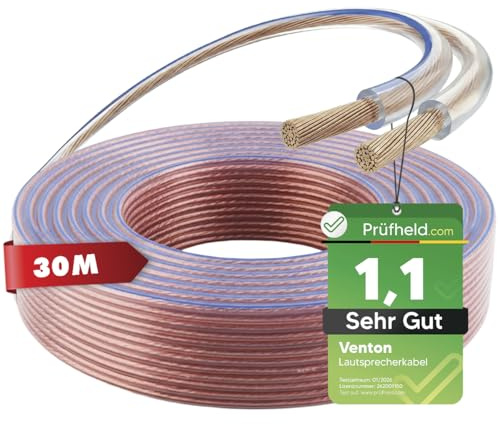 VENTON [Test SEHR GUT, Note 1.1] 30m VOLLKUPFER HQ Lautsprecherkabel 2x2,5 mm², Passiver Subwoofer Kabel, Lautsprecher Audio Kabel, Kupfer Boxenkabel für HiFi Anlage Surround Sound System Auto