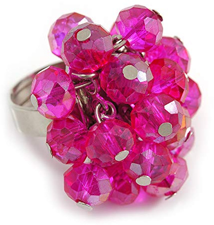 Bague grappe de perles de verre rose magenta en métal argenté – Réglable 7/8