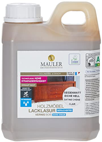 Mauler Acryl Klarlack Farblos Eiche Hell Lacklasur 1L Kinderspielzeugnorm NF EN 71-3 Schutz gegen Flecken, Abnutzung, Fett, … Für Holzmöbel, Tisch, Spielzeuge.