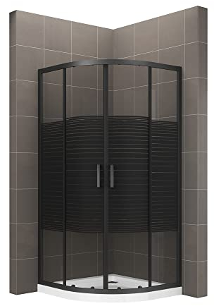 Duschkabine ELLA 100x100 cm Höhe: 190 cm mit Schiebetüren Eckduschkabine Viertelkreis aus gestreiftem ESG Glas mit schwarzen Aluminium Profile - DK69