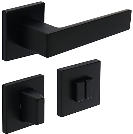 FELGNER Drückergarnitur für Bad und WC Garda | hochwertige Garnitur ergonomisch geformter Türgriff Türbeschlag – eckige moderne Rosette mit Drehgriff für Badtüren | Farbe: Schwarz