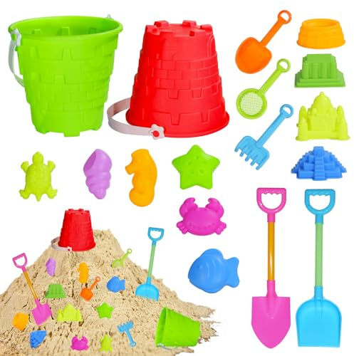 Holady Lot de 17 Jouets de Plage pour Enfants - Jouet de Sable pour Enfants - avec Seau de Plage, Moule à Sable, Pelle à Sable, Raquette, Tamis à Sable, Jouet château de Sable