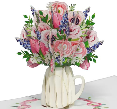 LINPOPUP® Pop-Up Karte Blumen, 3D Blumenkarte, Blumenstrauß Pop-Up, Grußkarte, Klappkarte, Muttertagskarte, Abschied, gute Besserung, Geburtstagskarte, Papier Blumen, N507