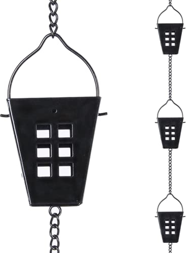 Qipade Quadratische Regenkette, 3 m, schwarze Regenrinnenketten mit 12 Tassen, verstellbare Regenfangkette mit Glocke für Traufenablauf, Outdoor-Ersatz-Fallrohr für Dachrinnen