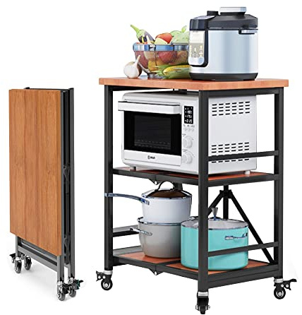 ZYFA 3 Borde Edelstahl Servierwagen mit Rollen Mikrowellen Regal Klappbar Küchenwagen Rollwagen Mikrowellenregal, mit Bremse, klappbarer Transportwagen Regalwagen für Outdoor Kitchen Design (Color :