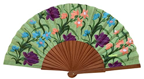 Spanischer Handfächer Martina – Holz und Baumwolle – 23 cm – Etui und Hülle aus Jute – Modeaccessoire – Handgefertigt in Spanien – Events und Geschenke – Schalkollektion – Tusitala Barcelona