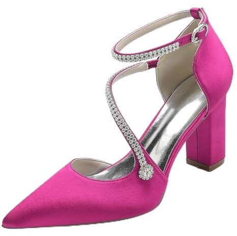 Scarpe con Tacco Donna a Punta da Donna Tacco Largo Décolleté da Sposa a Punta Chiusa Scarpe da Sposa Raso Sandali er Matrimoni Feste da Ballo,Fuchsia,42 EU