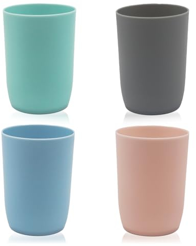 Qulable Plastic Cups Reusable Unbreakable Tumblers, Set of 4 Travel Mugs, Mouthwash Bathroom Cup Stackable, Plastic Water Cup 280ml for Adults Kids, Dishwasher & Microwave Safe (Multiple Colours)