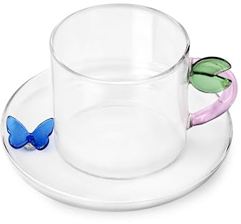 Ichendorf Milano Tasse à thé feuille avec soucoupe papillon bleue, collection Fruits & Flowers, 30 cl, verre borosilicaté, fait à la main