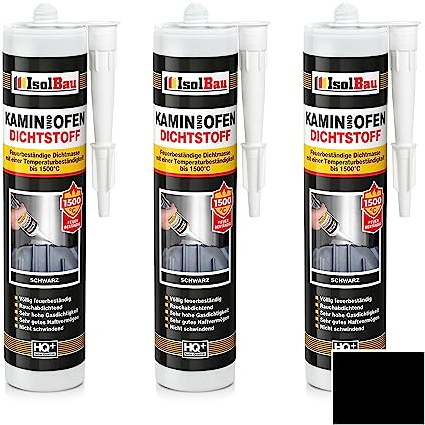 Isolbau Kamin & Ofen Dichtstoff - Feuerbeständige Dichtmasse bis 1500 °C - Für Reparatur & Füllung von Rissen in Kaminen & Öfen - Schwarz, 3 x 300 ml Tube