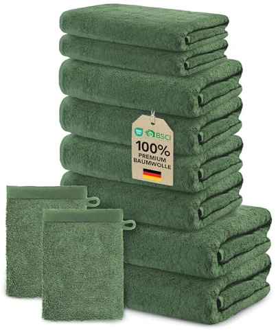 Ôhm Handtuch-Set 10-teilig Baumwolle Tannengrün | Komplette Lösung fürs Badezimmer oder als fertiges Geschenk, ohne einzelne Teile zusammenzusuchen