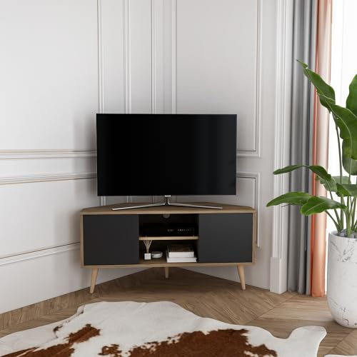 DECOROTIKA Meuble TV d’Angle Moderne 120 cm avec Rangement, Banc TV Coin Style Scandinave pour Salon, Compatible TV Jusqu’à 55 Pouces – Noyer Noir