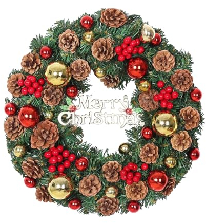Uixxducc Weihnachten Deko Türkranz, 30-100cm Weihnachtskranz Tannenzapfen, Rattan Girlanden Kranz Dekorationen Für Wand, Haustür, Fenster, Kamin, Hochzeitsfeier (80CM)