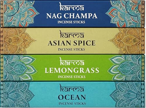 Karma Scents Incense Variety Pack – 4 Fragrances: Nag Champa, Asian Spice, Lemongrass & Ocean – 56 Sticks Total – Aromatherapy Gift Set – Meditation, Relaxation, Home Fragrance