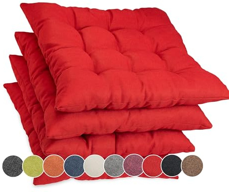 sunnypillow 4er Set Stuhlkissen mit Bändern 45x45 cm - Bequeme Polsterauflage 8cm dick - Auflage für Stühle/Bänke in Haus und Garten Sitzkissen Sitzauflage Gartenkissen Outdoor/Indoor - Rot